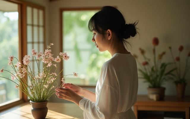 Kazenohanaの創設者が花を眺めている様子、または店の静かな内装